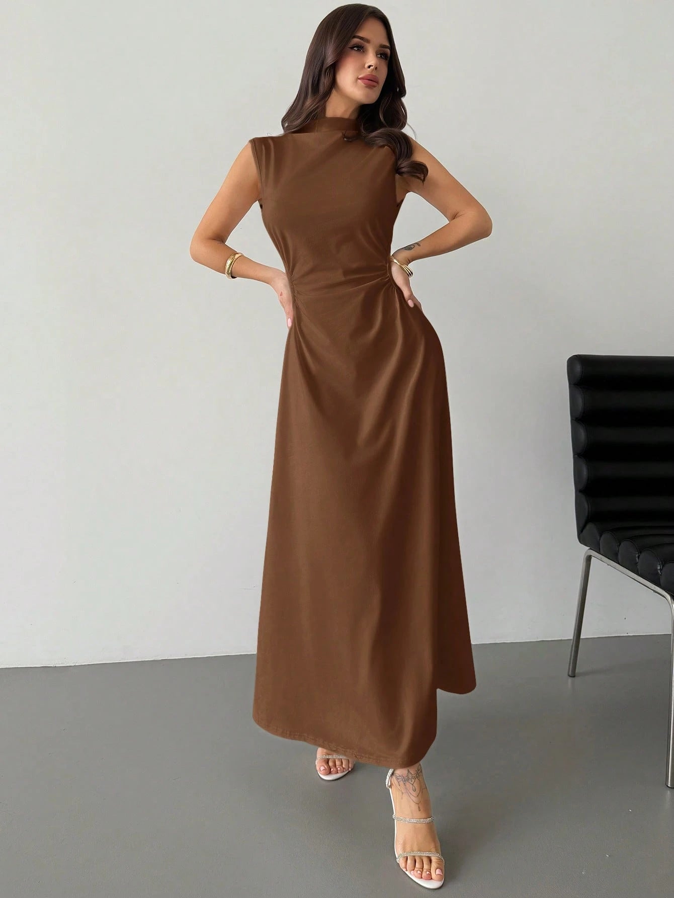 Elegant & Romantic White Ruched A-Line Maxi Dress With Stand Collar