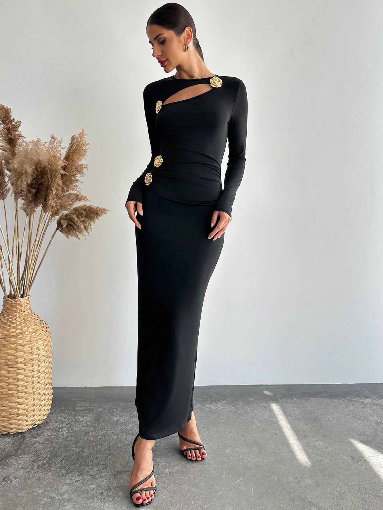 Fashion Vintage-Style Laser-Cut Rose Metal Flower Decor Long Sleeve Bodycon Dress shein