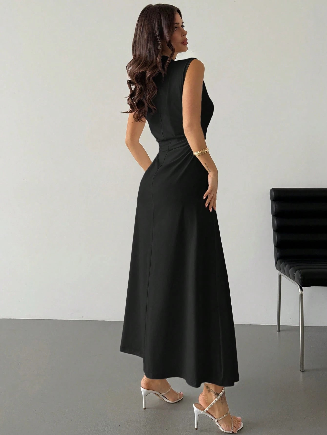 Elegant & Romantic White Ruched A-Line Maxi Dress With Stand Collar