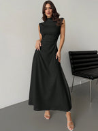 Elegant & Romantic White Ruched A-Line Maxi Dress With Stand Collar