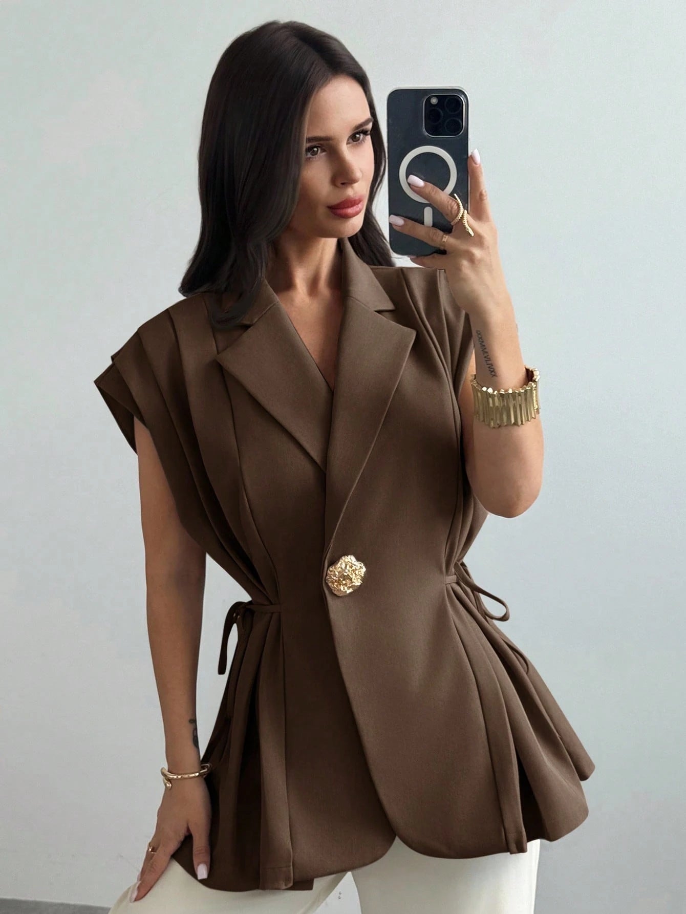 Elegant Versatile Metal Button Linen Brown Thin Suit Jacket shein