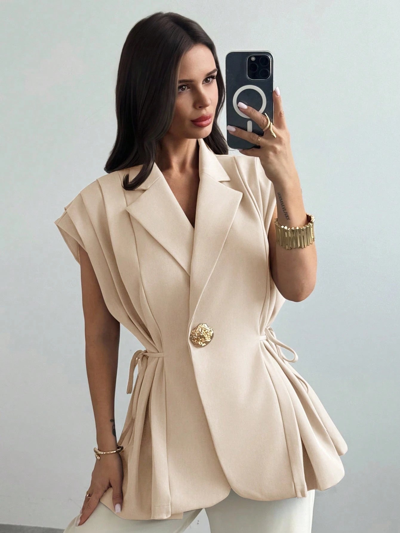 Elegant Versatile Metal Button Linen Brown Thin Suit Jacket shein