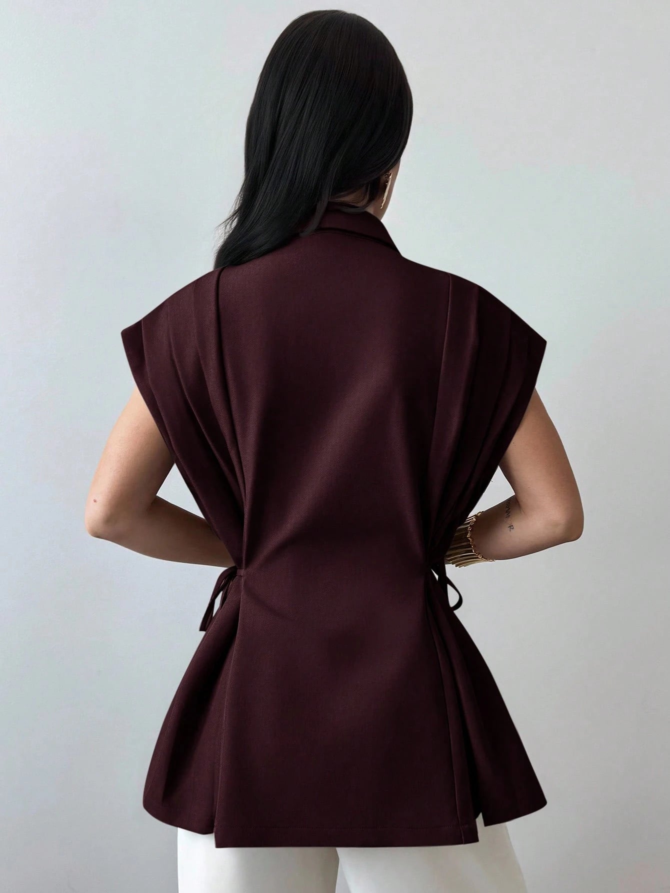 Elegant Versatile Metal Button Linen Brown Thin Suit Jacket shein