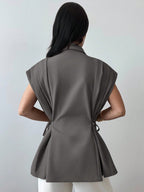 Elegant Versatile Metal Button Linen Brown Thin Suit Jacket shein