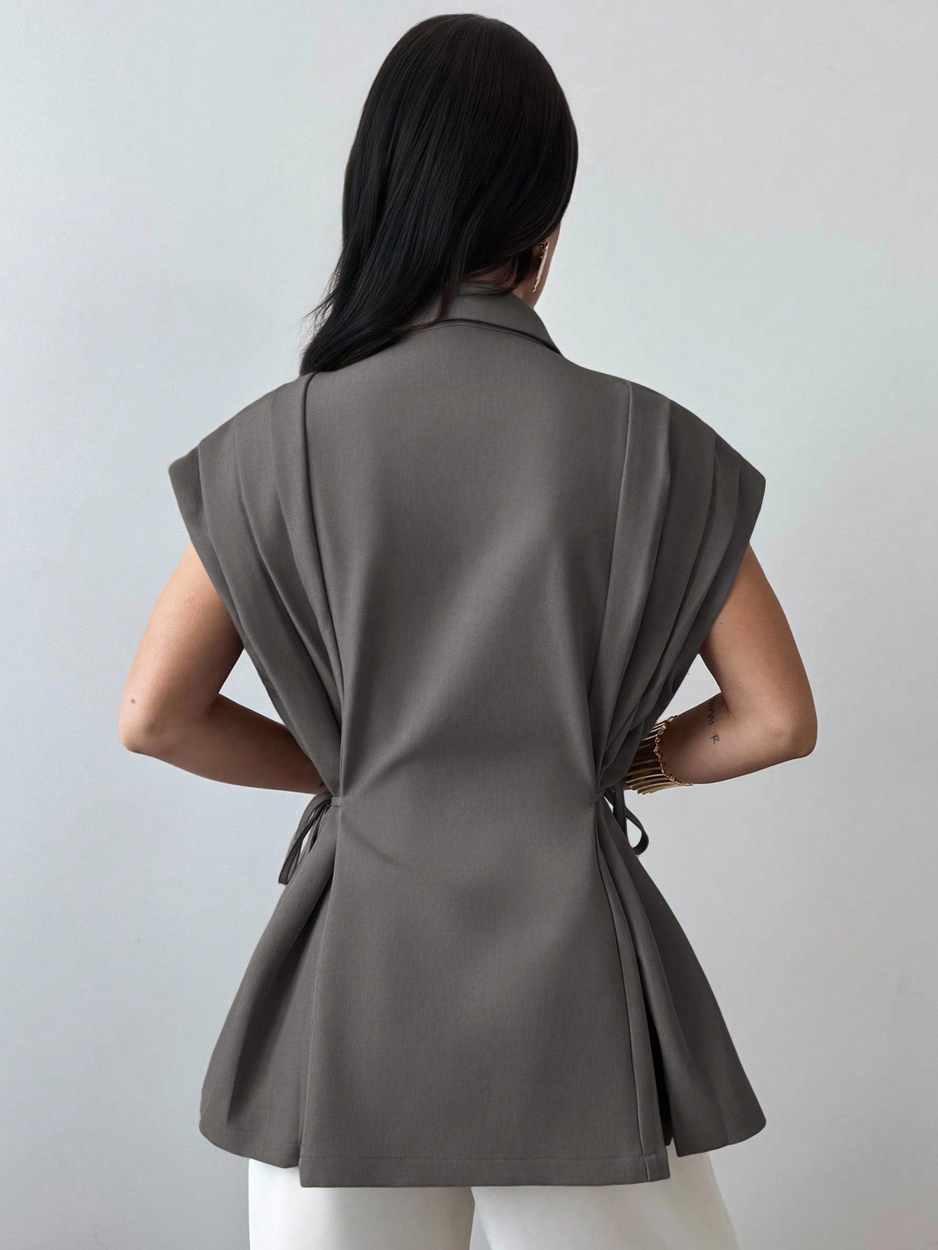 Elegant Versatile Metal Button Linen Brown Thin Suit Jacket shein
