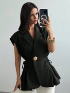 Elegant Versatile Metal Button Linen Brown Thin Suit Jacket shein