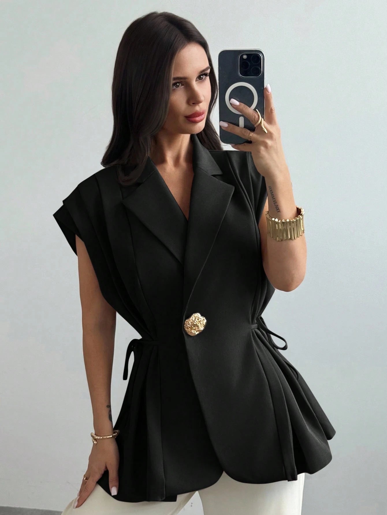 Elegant Versatile Metal Button Linen Brown Thin Suit Jacket shein