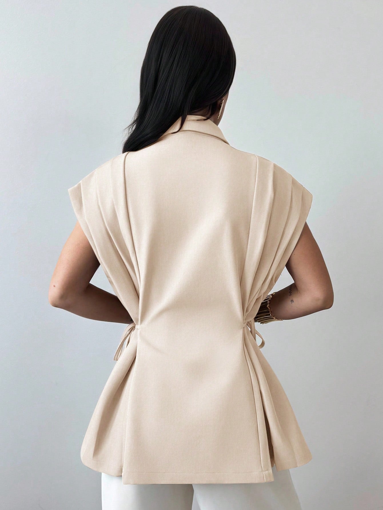 Elegant Versatile Metal Button Linen Brown Thin Suit Jacket shein