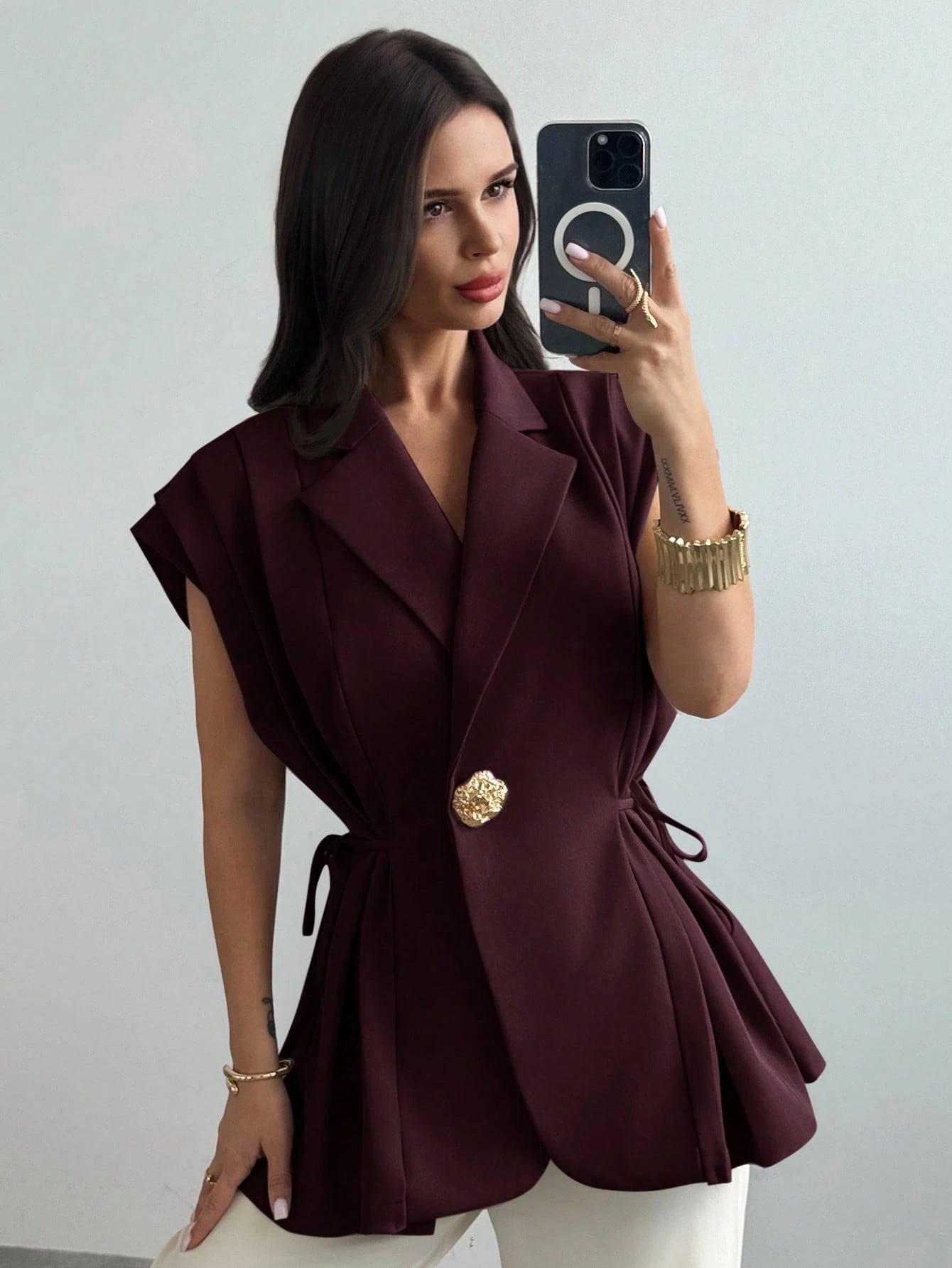 Elegant Versatile Metal Button Linen Brown Thin Suit Jacket shein