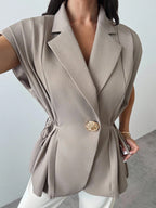 Elegant Versatile Metal Button Linen Brown Thin Suit Jacket shein