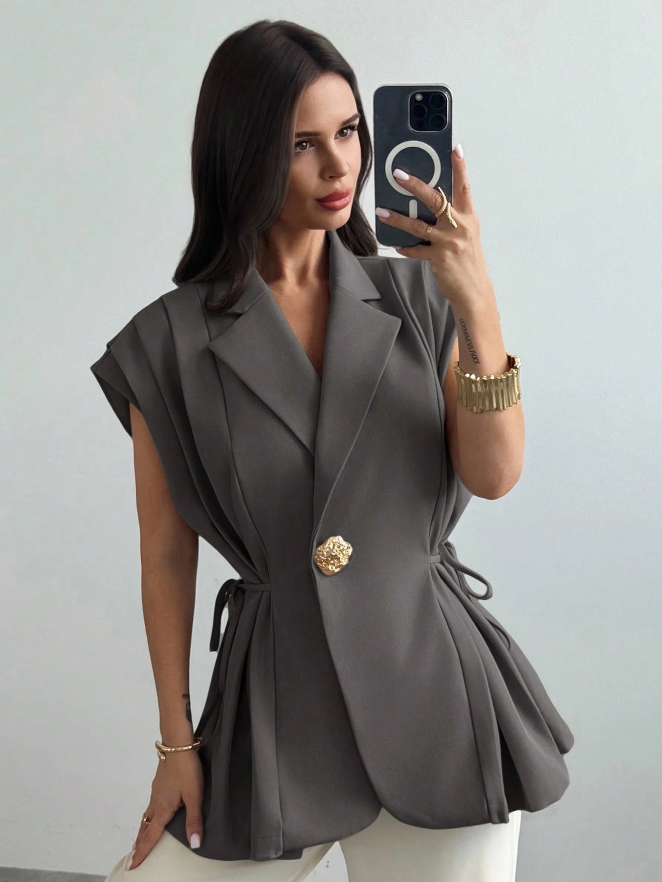Elegant Versatile Metal Button Linen Brown Thin Suit Jacket shein