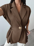 Elegant Versatile Metal Button Linen Brown Thin Suit Jacket shein
