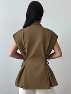 Elegant Versatile Metal Button Linen Brown Thin Suit Jacket shein
