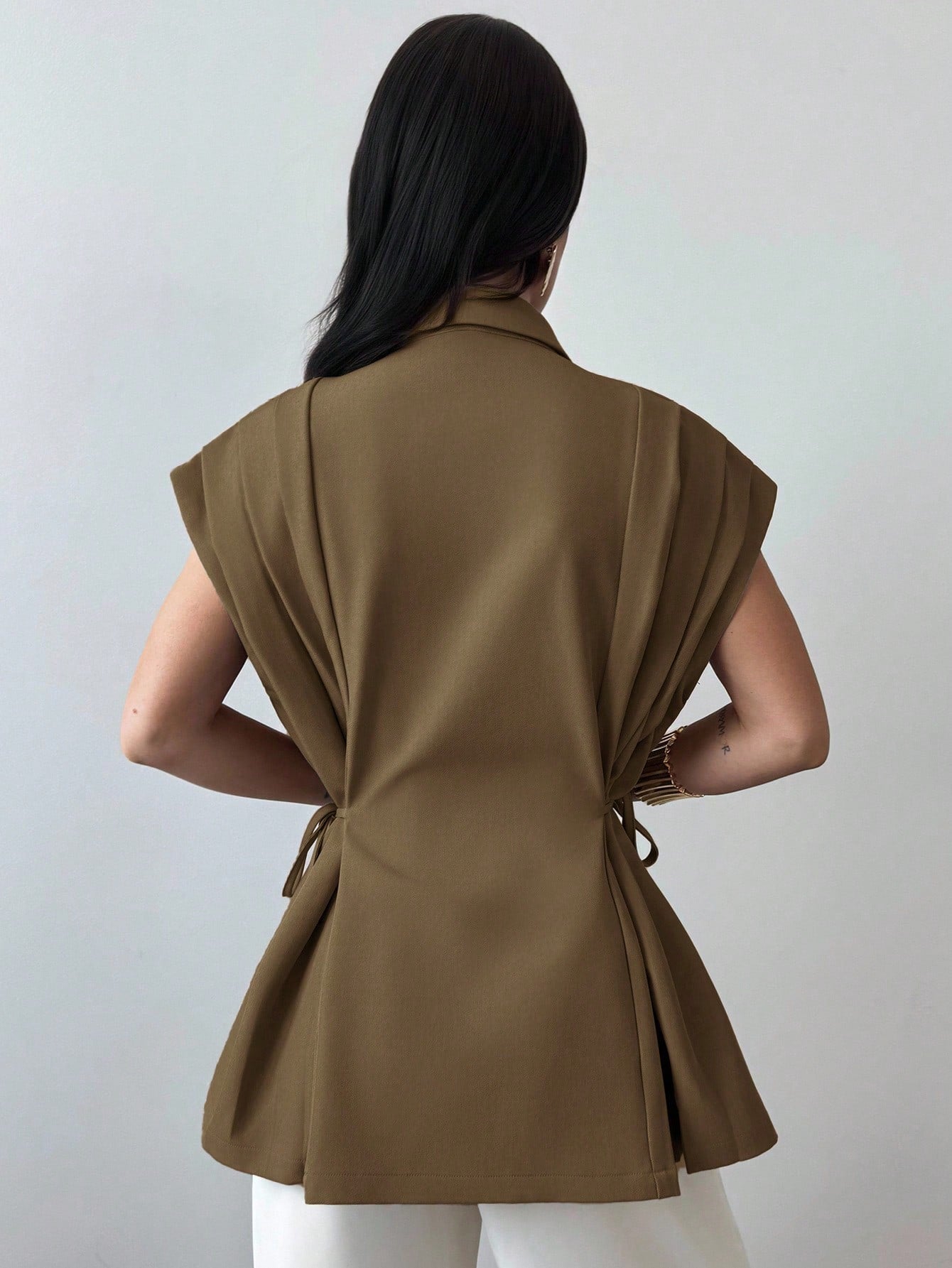 Elegant Versatile Metal Button Linen Brown Thin Suit Jacket shein