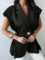 Elegant Versatile Metal Button Linen Brown Thin Suit Jacket shein