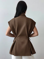 Elegant Versatile Metal Button Linen Brown Thin Suit Jacket shein