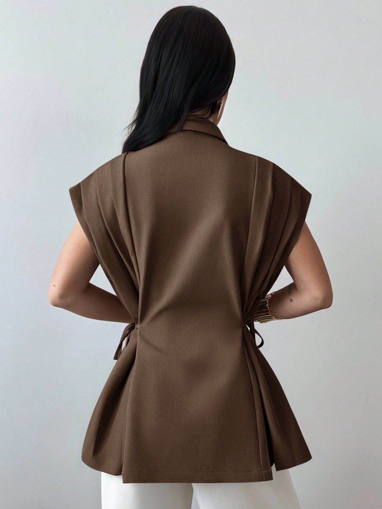 Elegant Versatile Metal Button Linen Brown Thin Suit Jacket shein