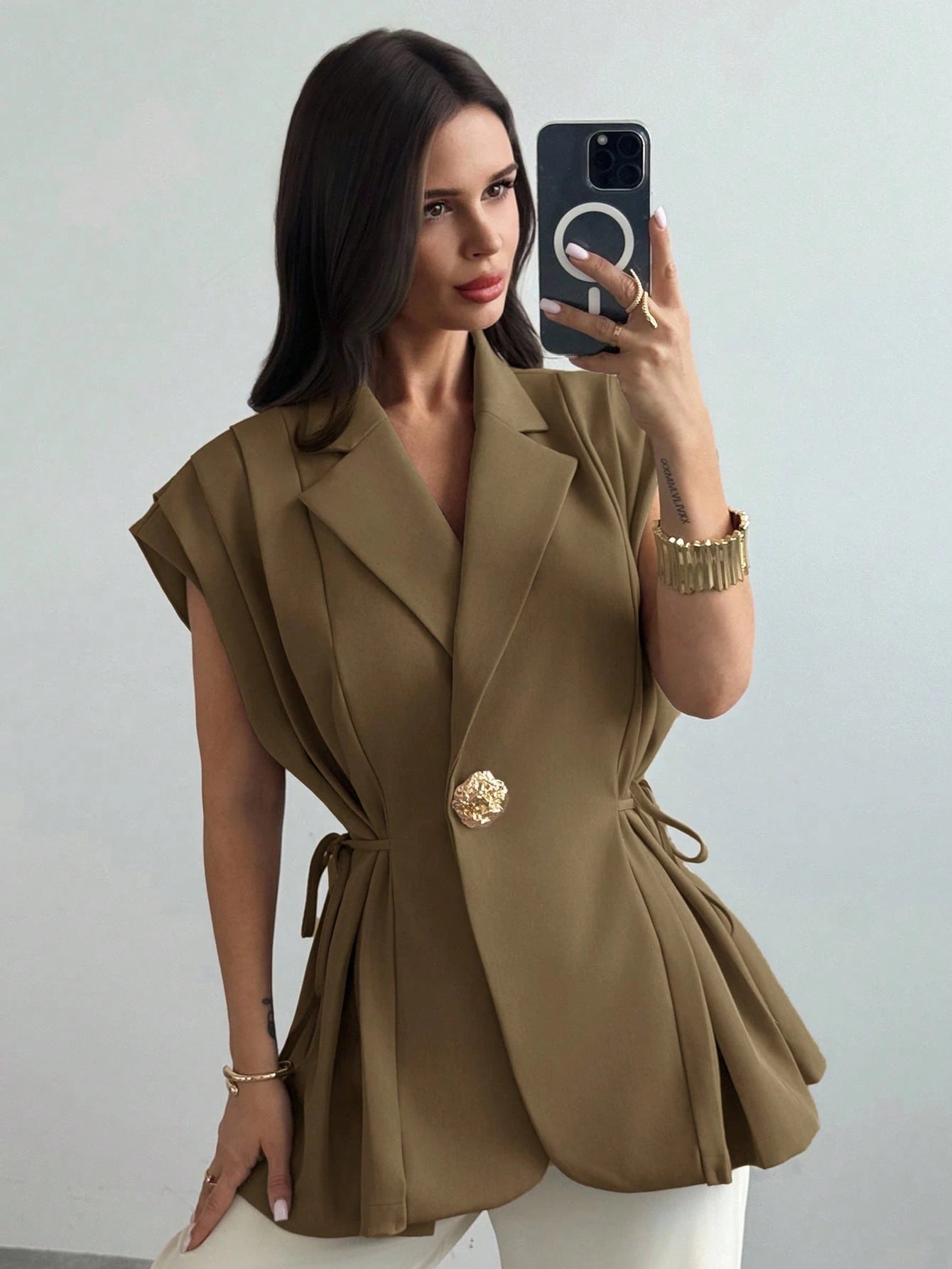 Elegant Versatile Metal Button Linen Brown Thin Suit Jacket shein