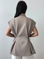 Elegant Versatile Metal Button Linen Brown Thin Suit Jacket shein