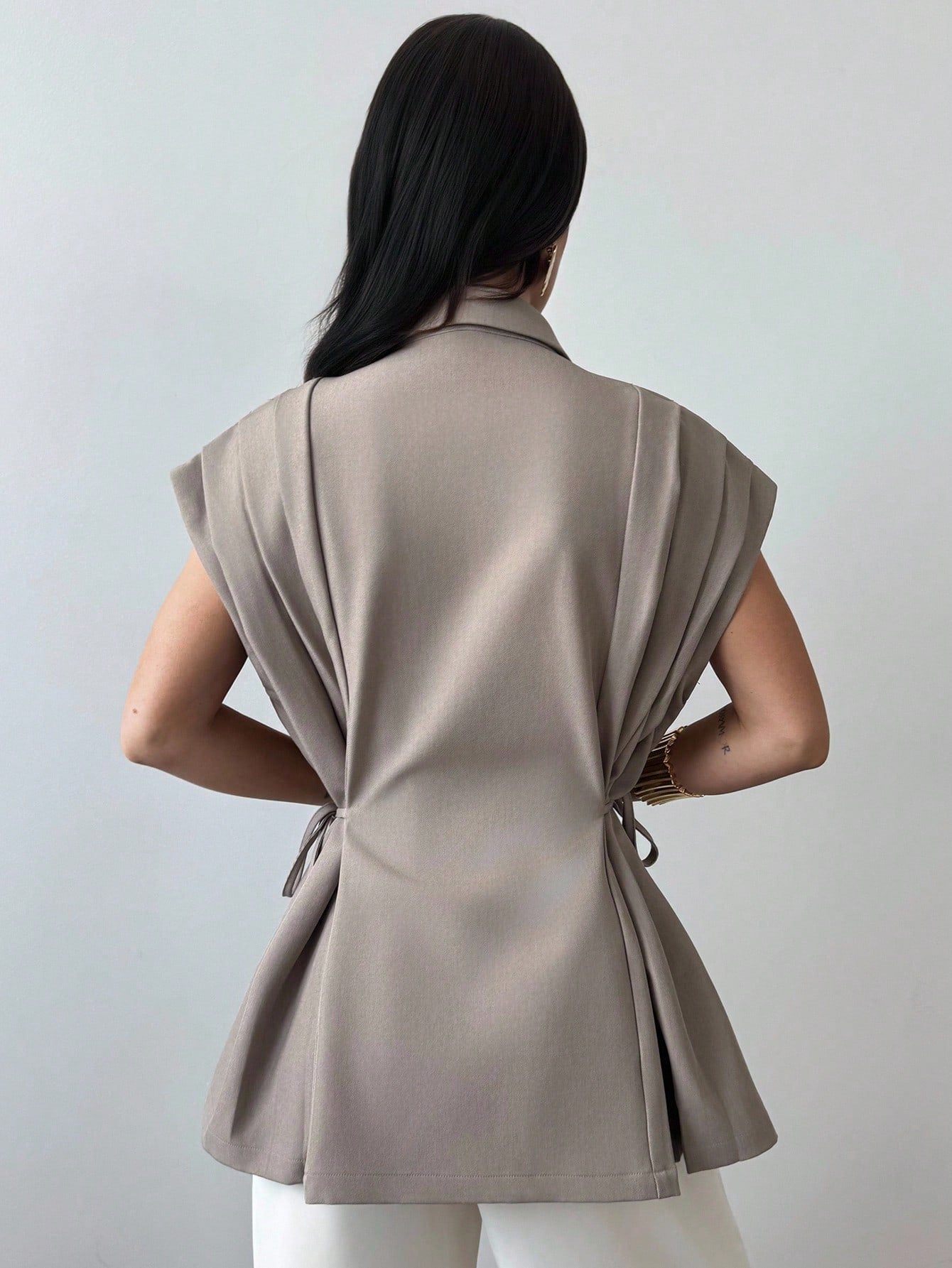 Elegant Versatile Metal Button Linen Brown Thin Suit Jacket shein