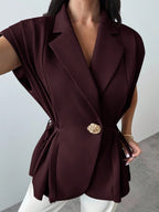 Elegant Versatile Metal Button Linen Brown Thin Suit Jacket shein