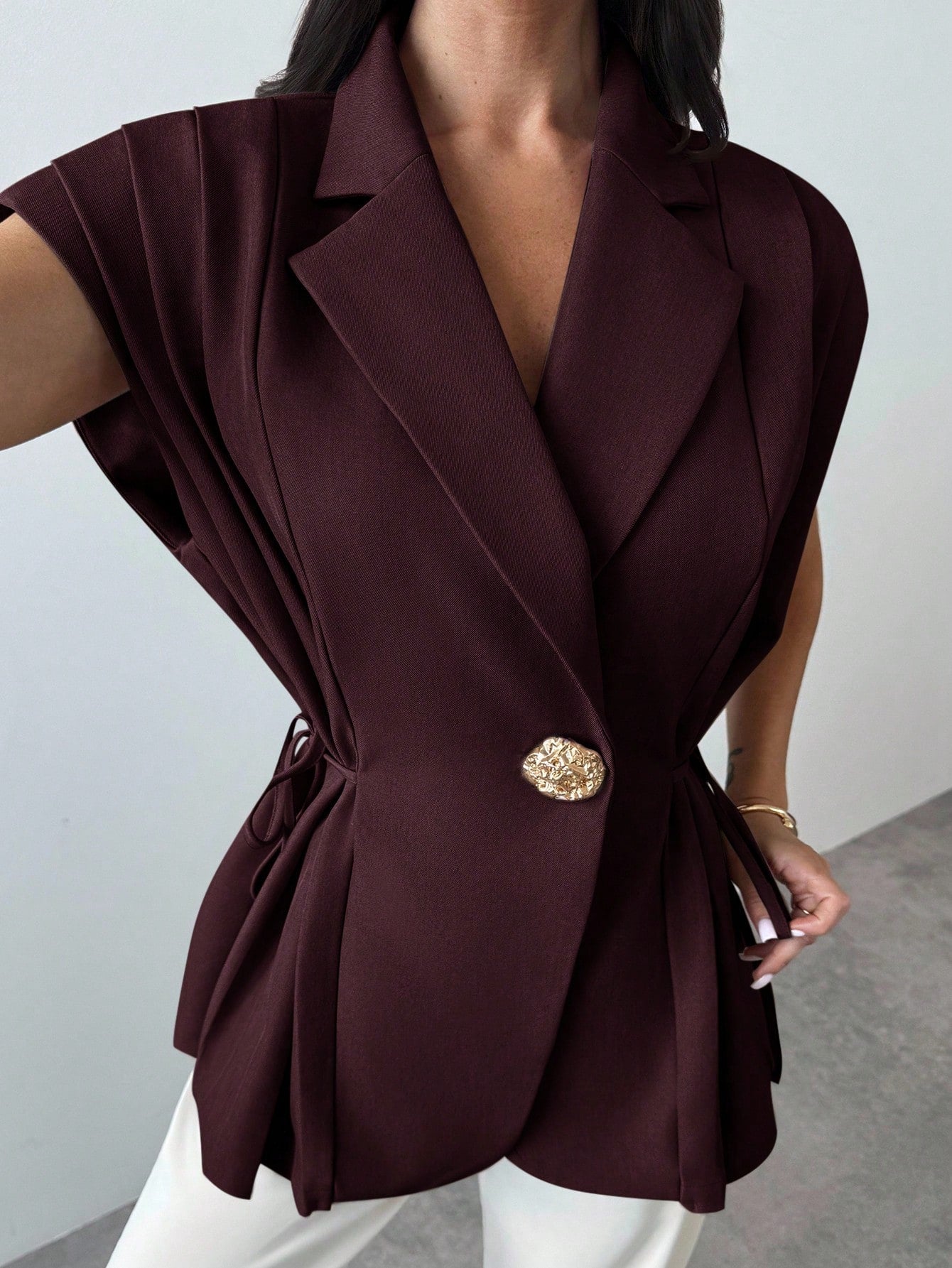 Elegant Versatile Metal Button Linen Brown Thin Suit Jacket shein