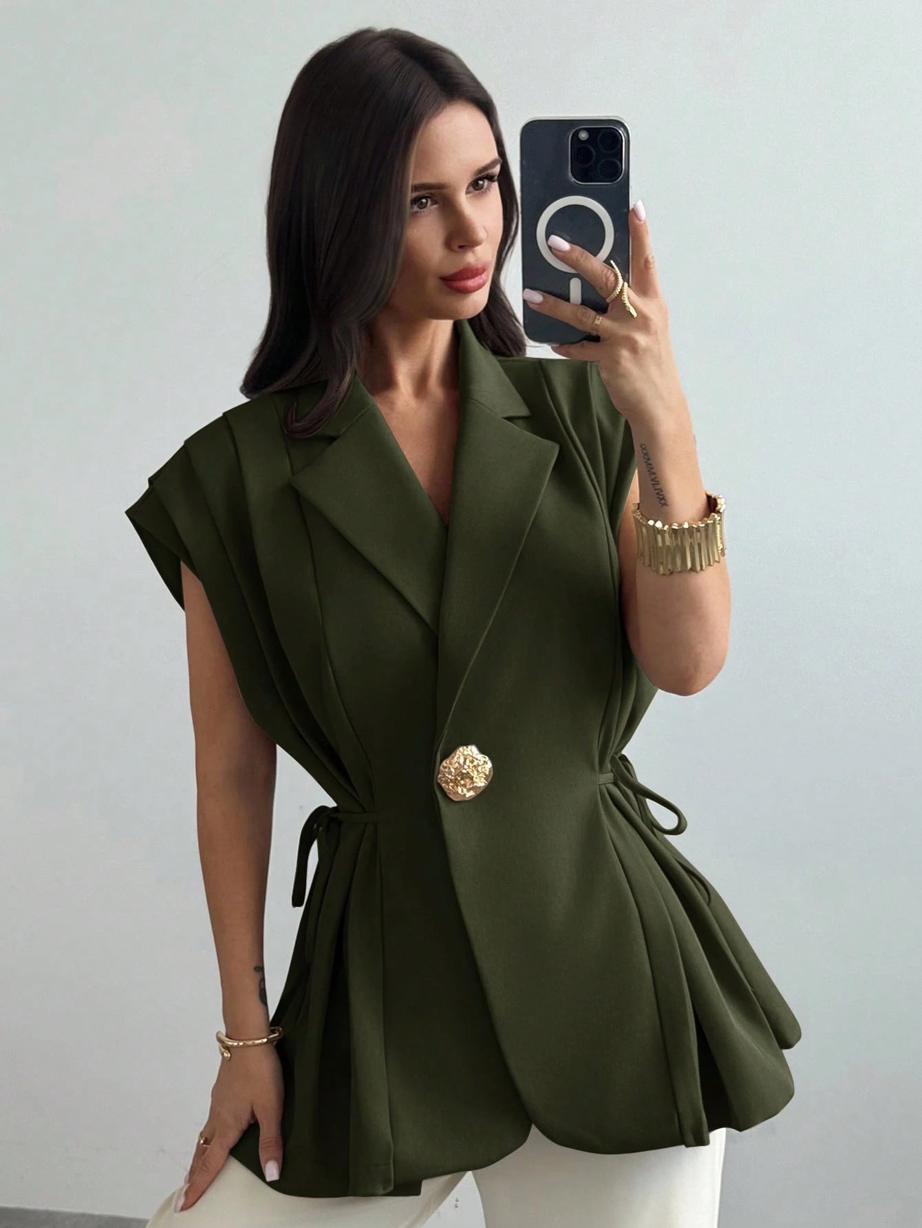 Elegant Versatile Metal Button Linen Brown Thin Suit Jacket shein