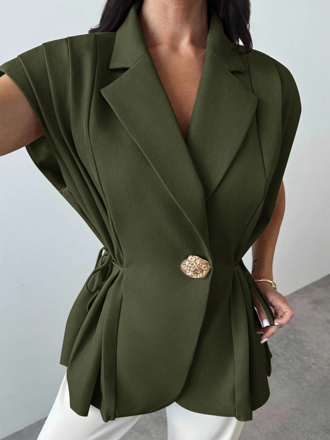 Elegant Versatile Metal Button Linen Brown Thin Suit Jacket shein