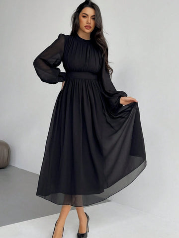 Firerie Ladies' Solid Color Lantern Sleeve Waist Belted Elegant Dress
