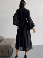 Firerie Ladies' Solid Color Lantern Sleeve Waist Belted Elegant Dress shein