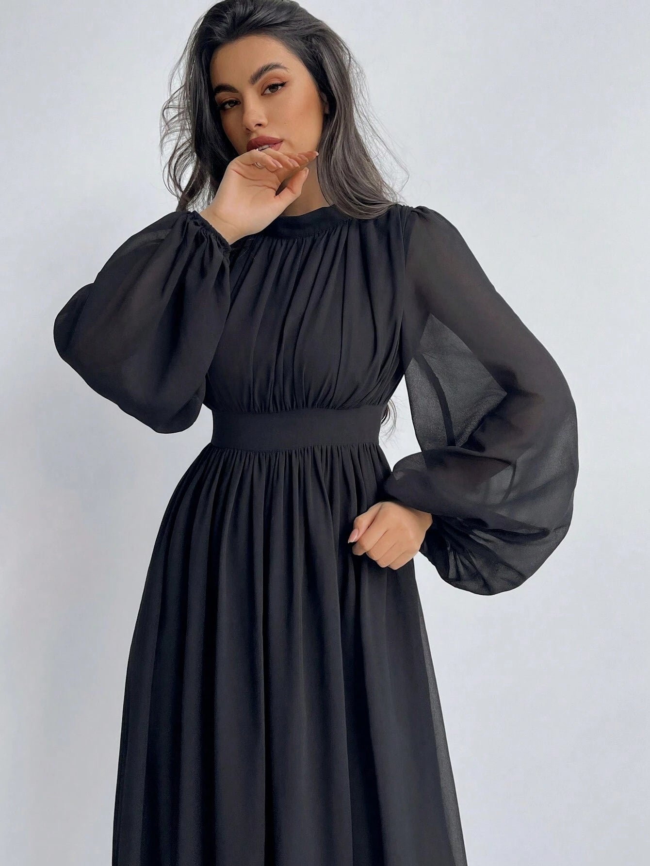 Firerie Ladies' Solid Color Lantern Sleeve Waist Belted Elegant Dress