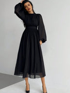 Firerie Ladies' Solid Color Lantern Sleeve Waist Belted Elegant Dress shein