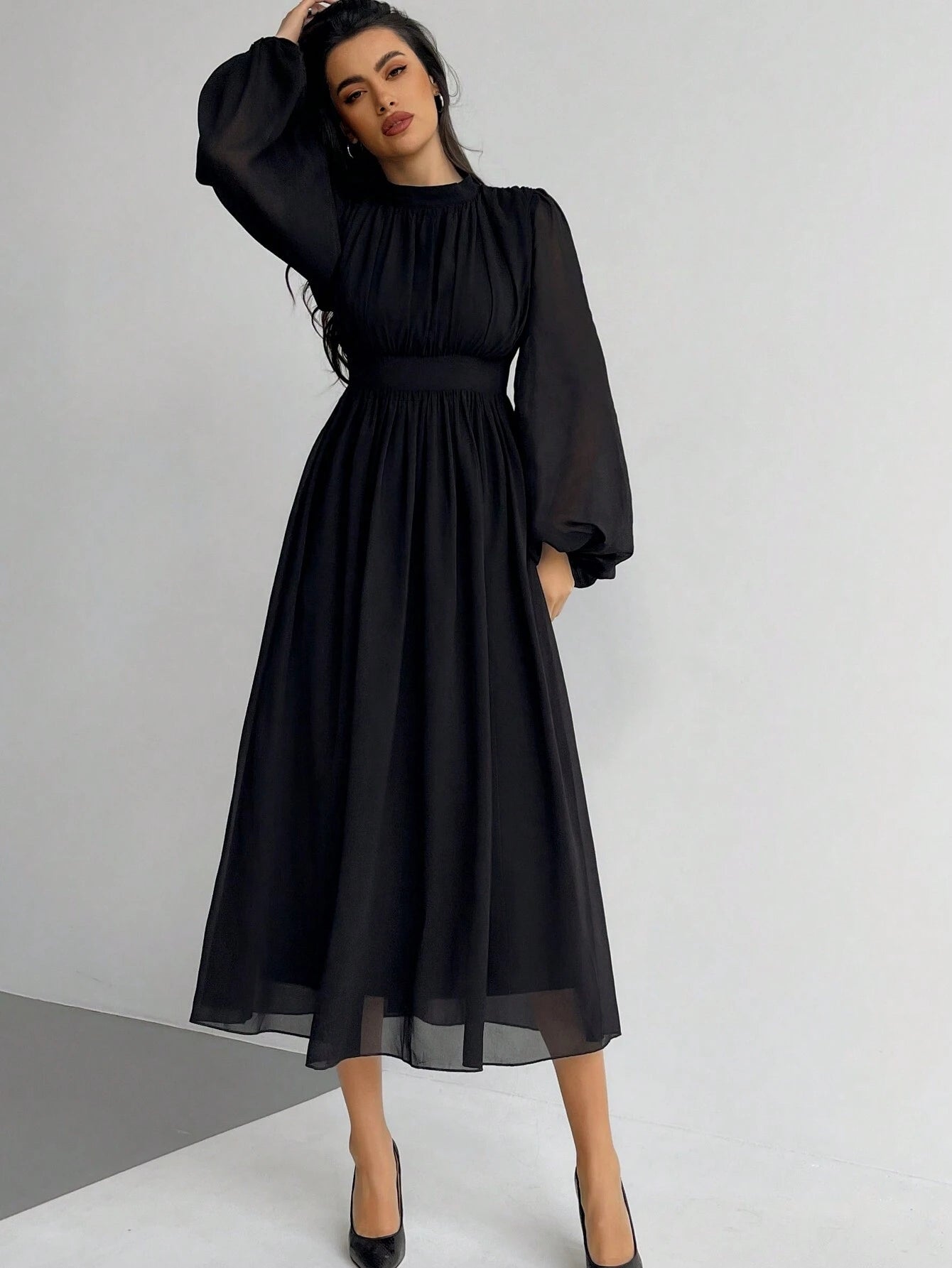 Firerie Ladies' Solid Color Lantern Sleeve Waist Belted Elegant Dress