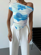 Asymmetrical Hem Open Shoulder Asymmetrical Short Sleeve Cropped T-Shirt shein