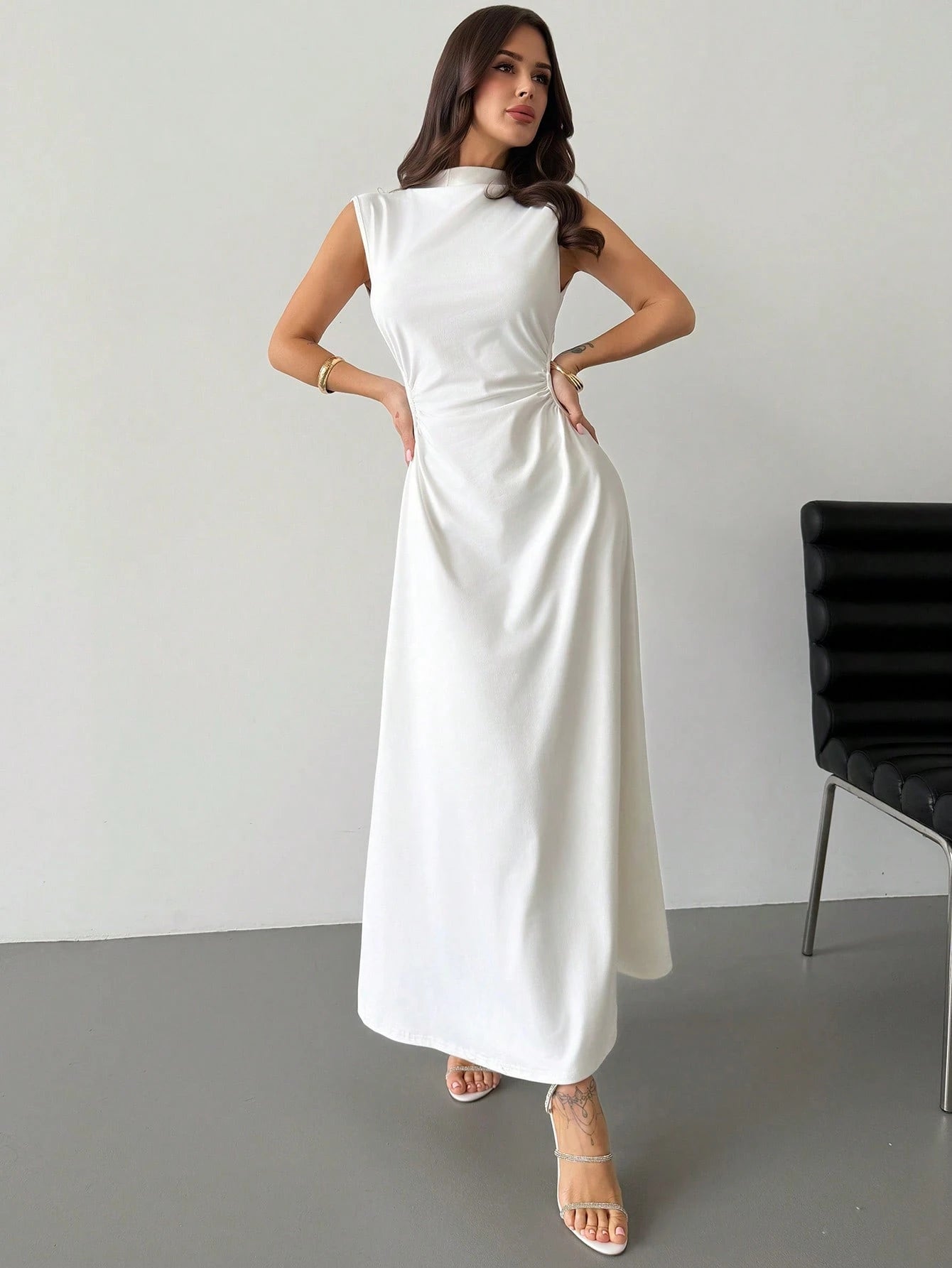 Elegant & Romantic White Ruched A-Line Maxi Dress With Stand Collar