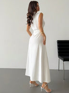 Elegant & Romantic White Ruched A-Line Maxi Dress With Stand Collar