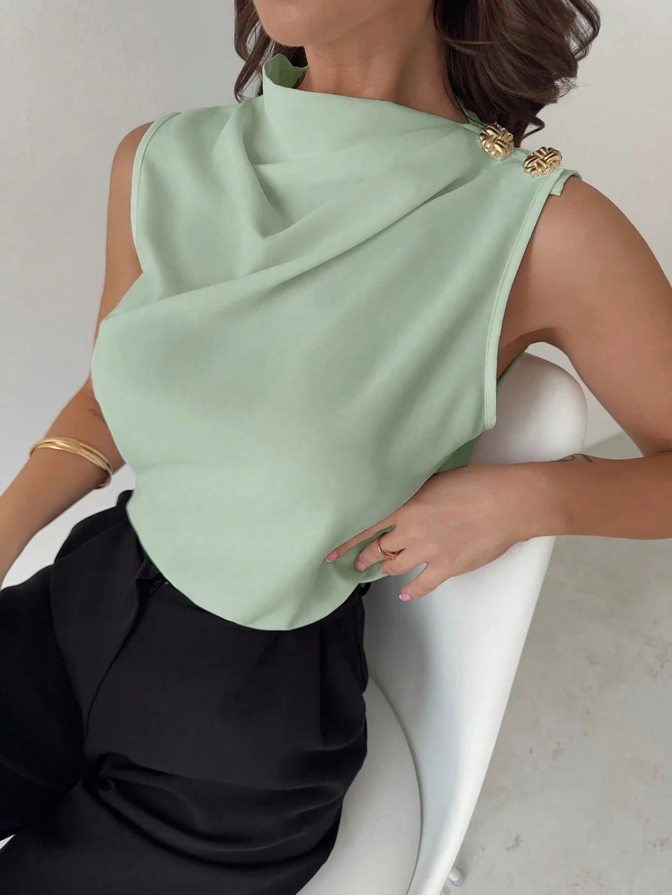 Asymmetric Pleated Collar Metal Button Sleeveless Shirt shein
