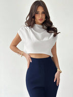Women's White Chiffon Shoulder Pleated Top And Slim Flared Pants Two-Piece Set shein