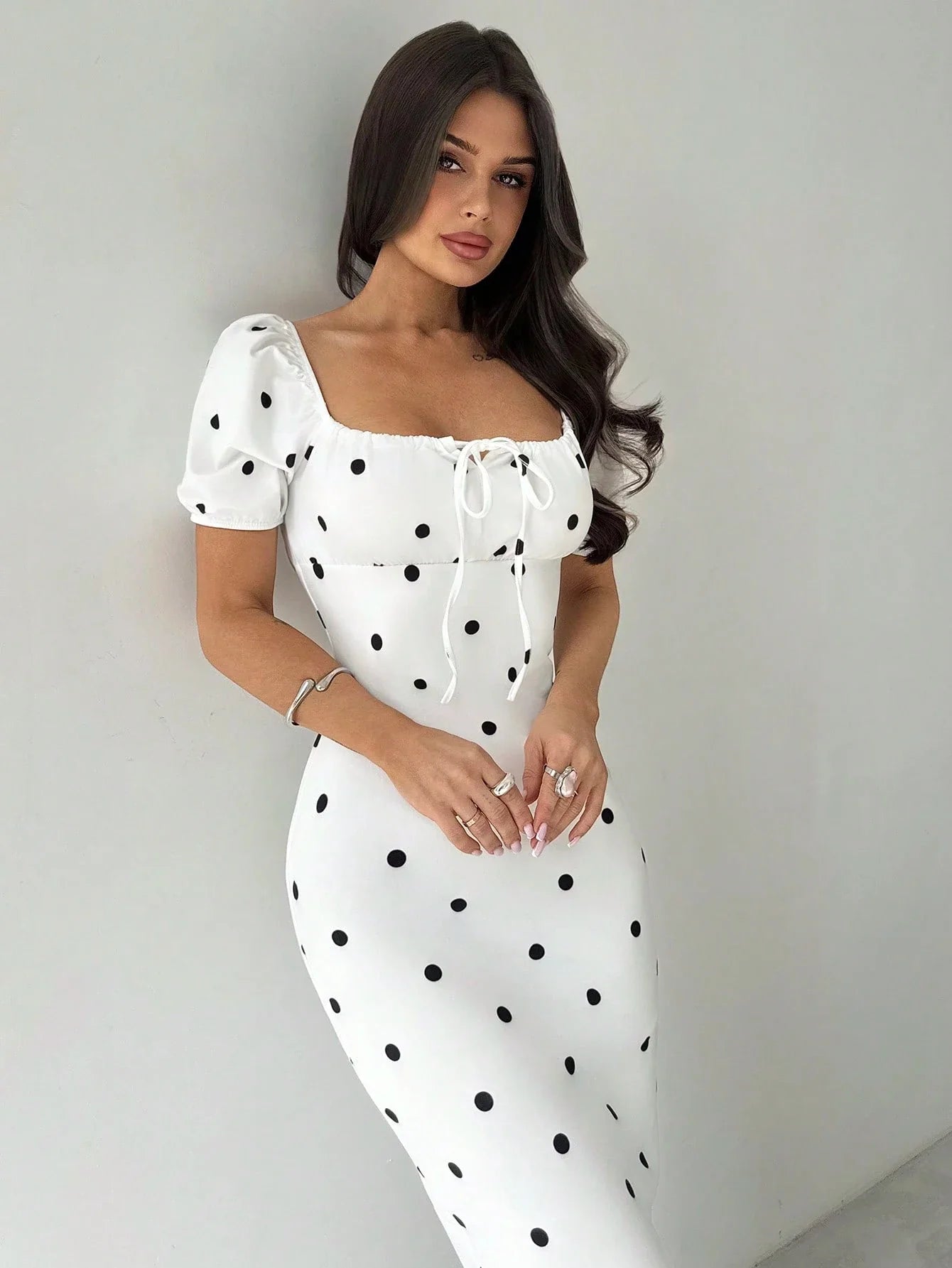 Women Elegant Square Neck Polka Dot Dress shein