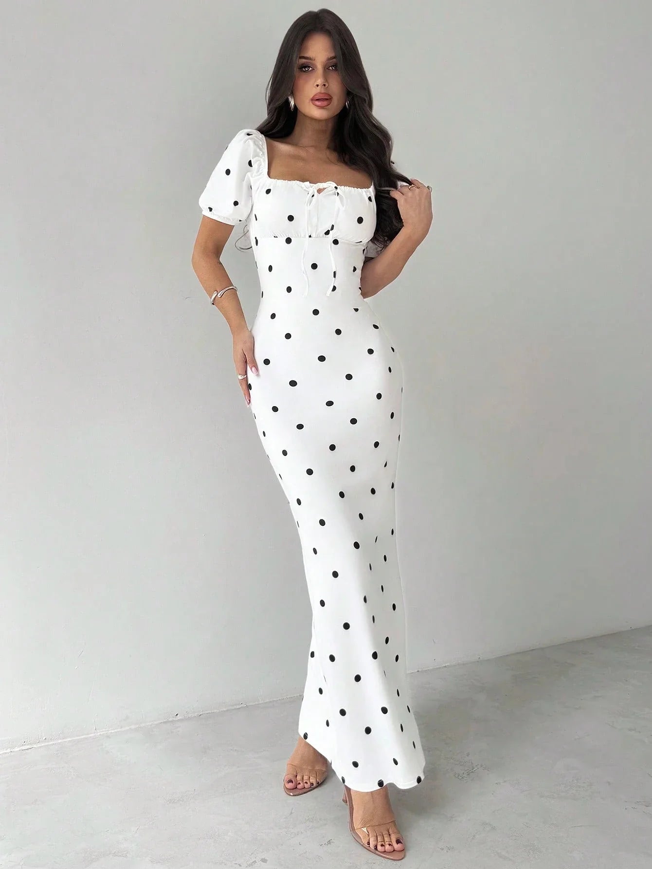 Women Elegant Square Neck Polka Dot Dress shein
