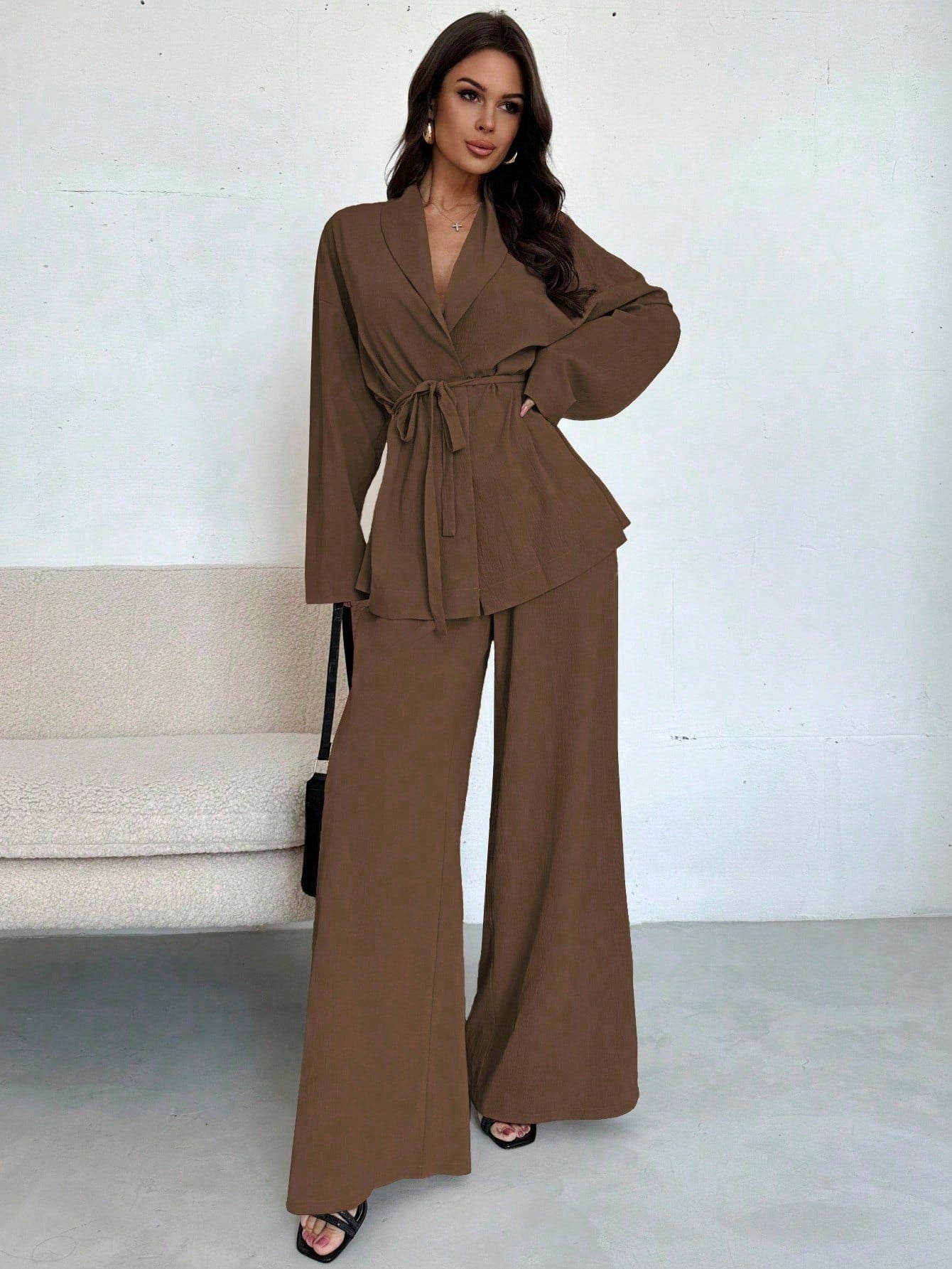 Women Collar Tie Waist Loose Shacket With High Waist Soft Pants shein