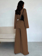 Women Collar Tie Waist Loose Shacket With High Waist Soft Pants shein