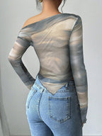 Women's Floral Print Asymmetric Shoulder Long Sleeve T-Shirt shein
