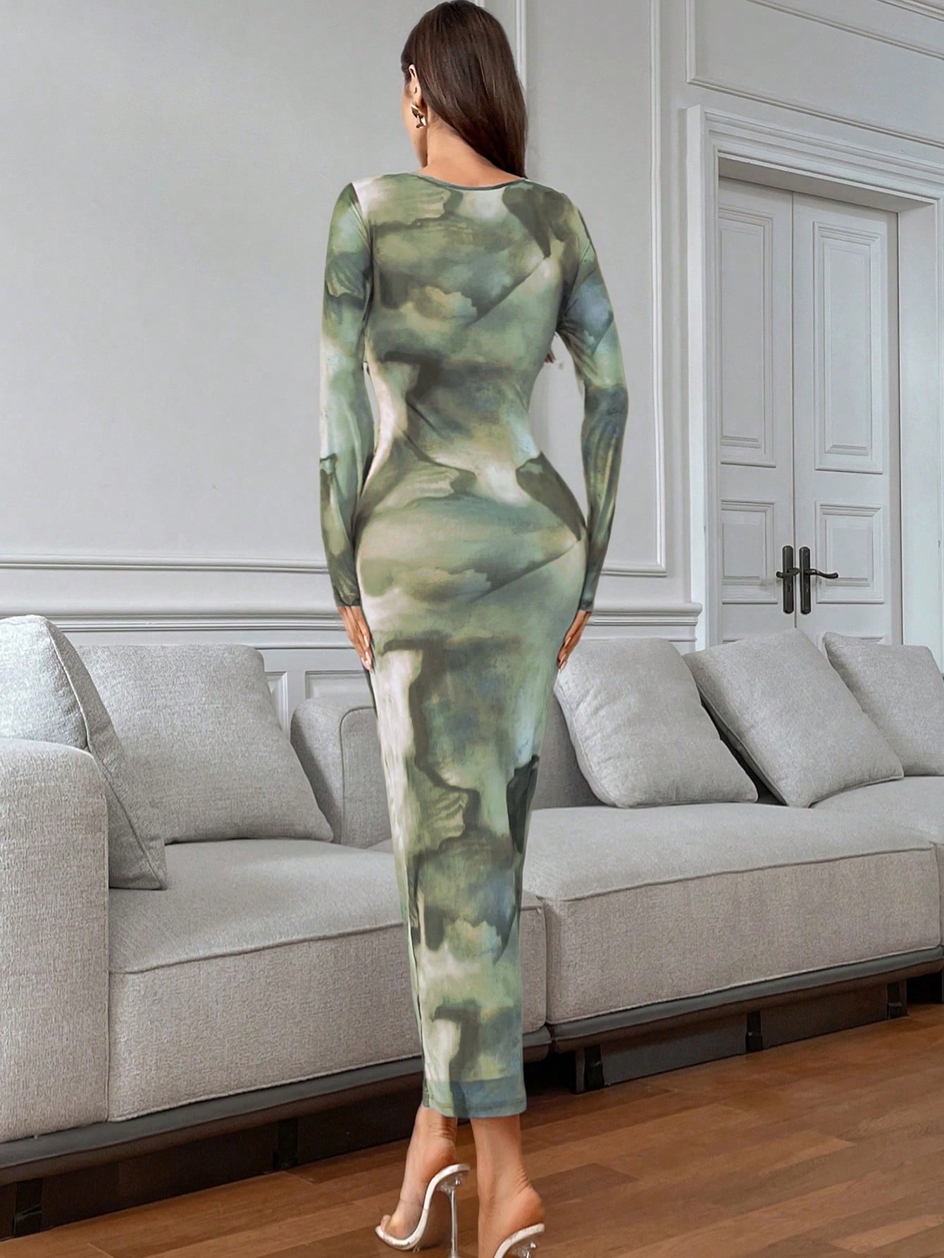 Women's Tie-Dye Pleated Elegant Fitted Long Sleeve Dress shein