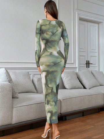 Women's Tie-Dye Pleated Elegant Fitted Long Sleeve Dress