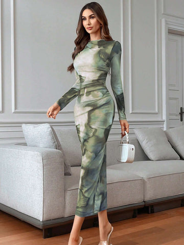 Women's Tie-Dye Pleated Elegant Fitted Long Sleeve Dress