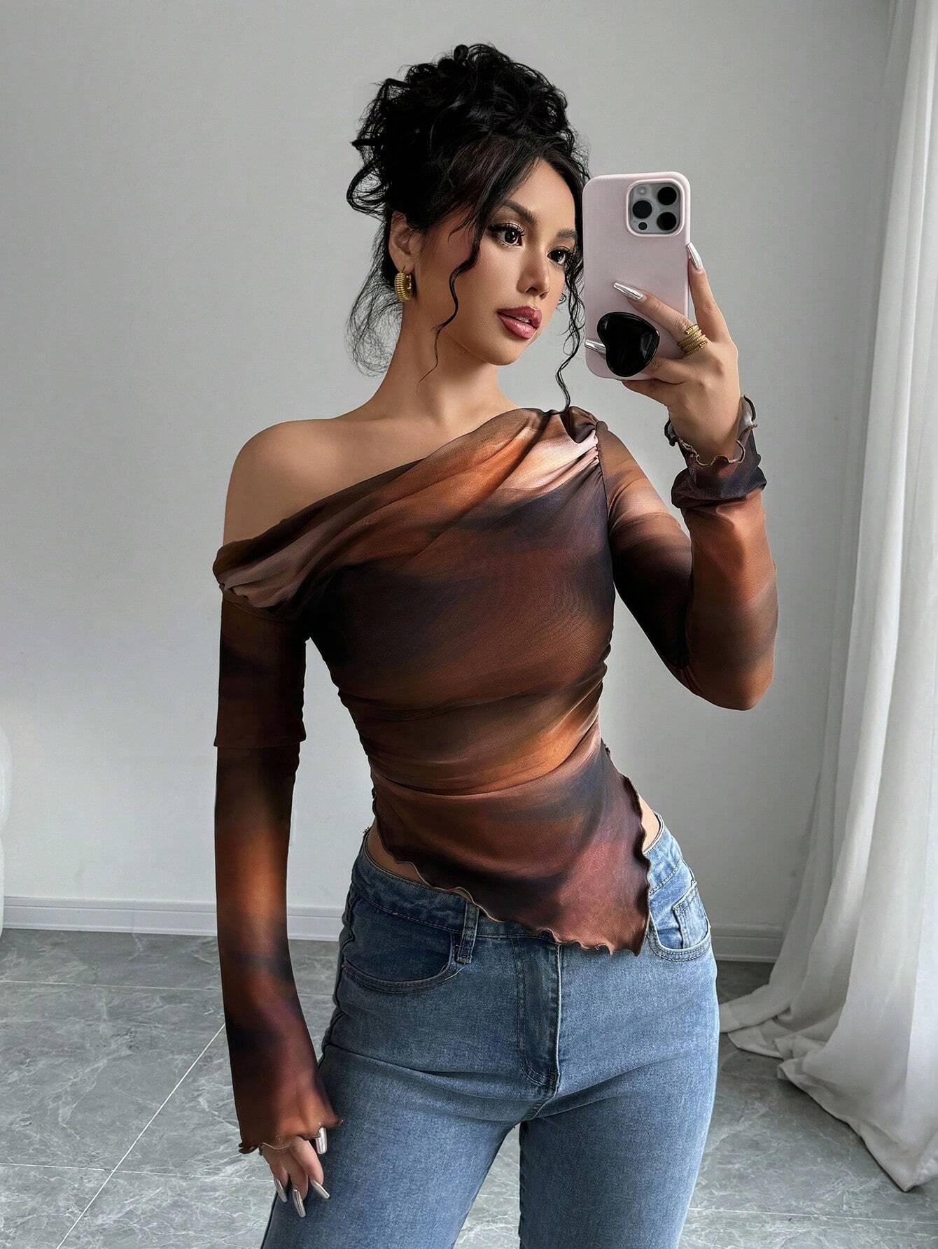 Women's Floral Print Asymmetric Shoulder Long Sleeve T-Shirt shein