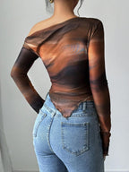 Women's Floral Print Asymmetric Shoulder Long Sleeve T-Shirt shein