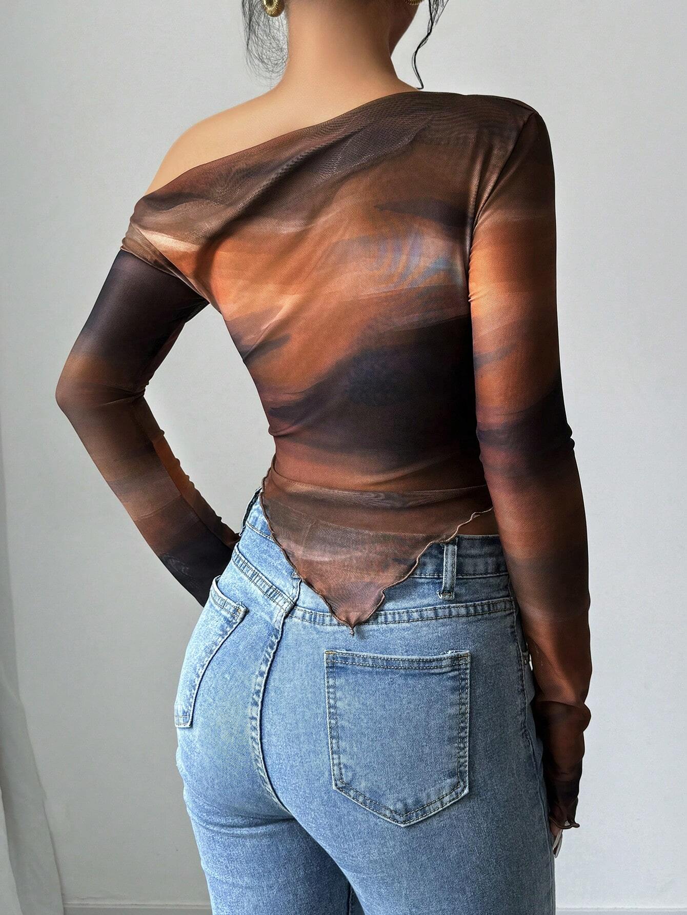 Women's Floral Print Asymmetric Shoulder Long Sleeve T-Shirt shein