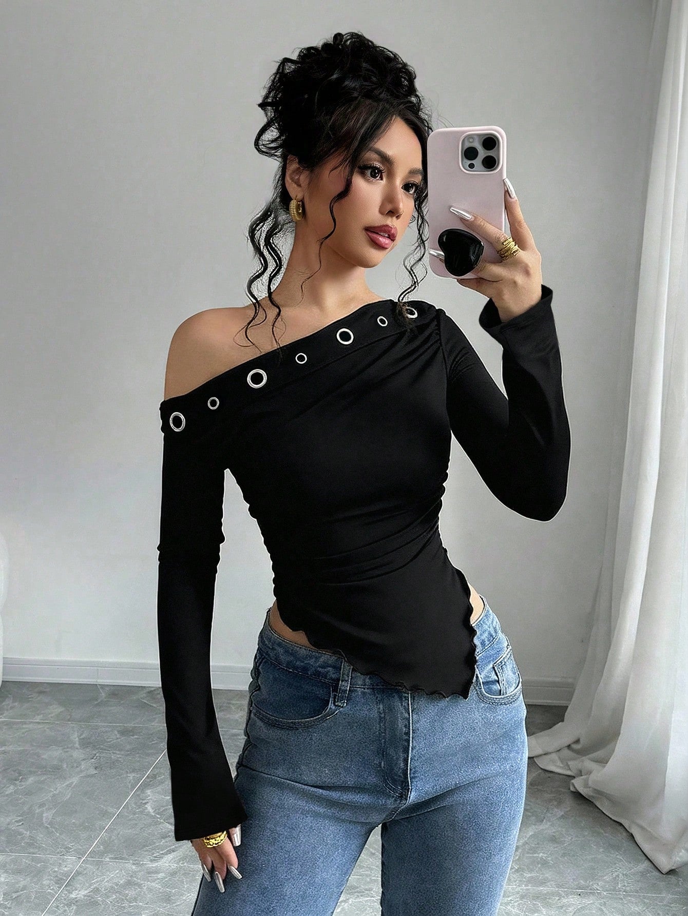 Women's Floral Print Asymmetric Shoulder Long Sleeve T-Shirt shein